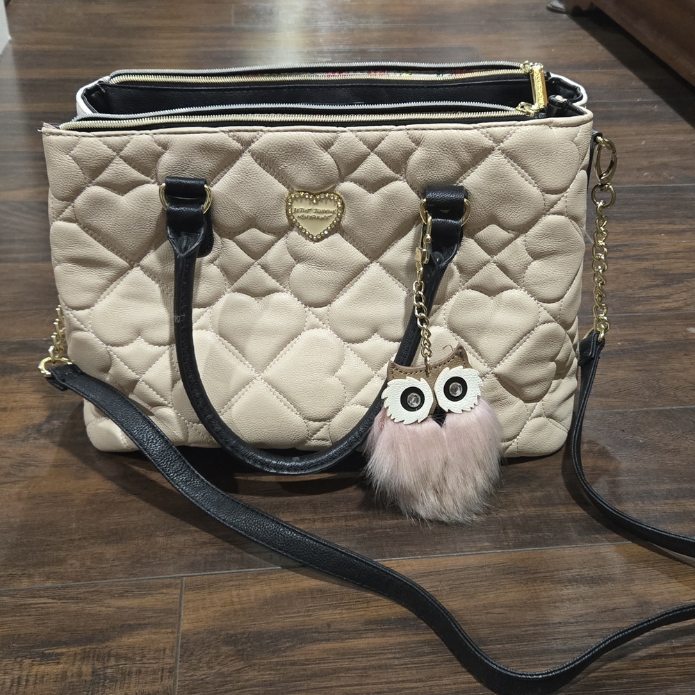 Betsey Johnson Quilted Heart Shoulder Bag in Cream and Black